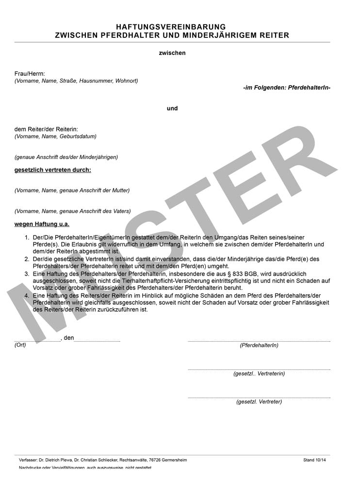 Haftungsvereinbarung zwischen Pferdehalter und Minderjährigem Reiter
