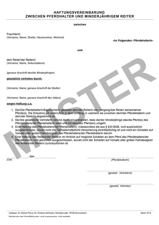 Haftungsvereinbarung zwischen Pferdehalter und Minderjährigem Reiter