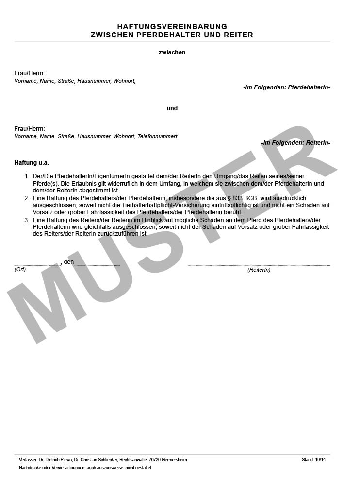 Haftungsvereinbarung zwischen Pferdehalter und Reiter