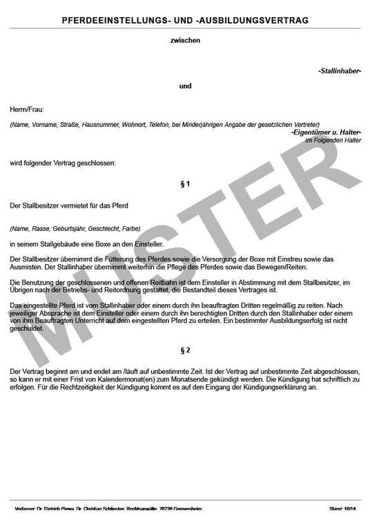 Pferdeeinstellungs- und Ausbildungsvertrag