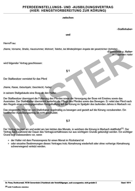 Pferdeeinstellungs- und Ausbildungsvertrag, Hengstvorbereitung zur Körung
