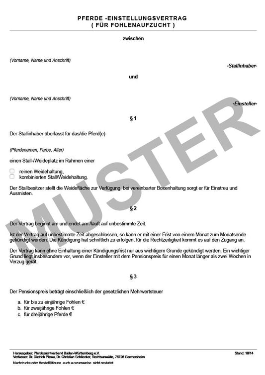 Pferdeeinstellungsvertrag für Fohlenaufzucht