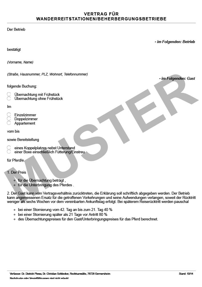 Vertrag für Wanderreitstationen - Beherbergungsbetrieb