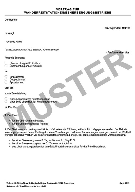 Vertrag für Wanderreitstationen - Beherbergungsbetrieb