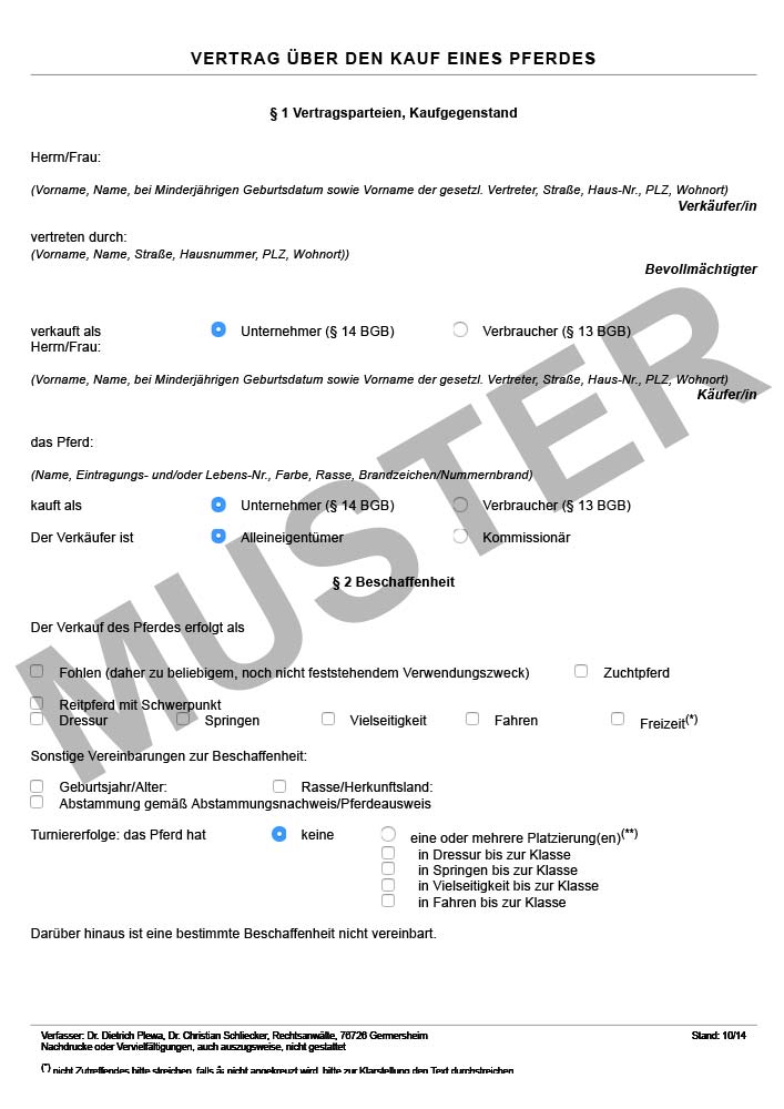Vertrag für Kauf eines Pferdes