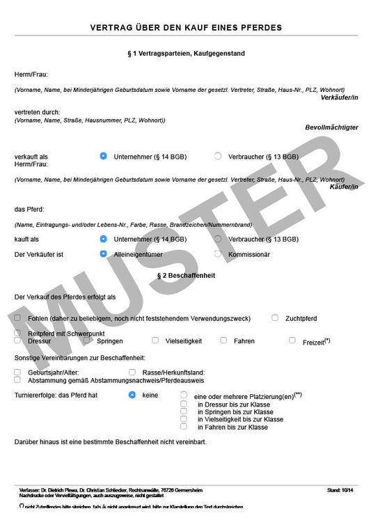 Vertrag für Kauf eines Pferdes