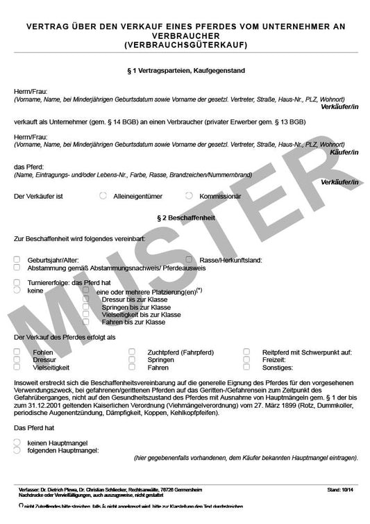 Vertrag für Verkauf eines Pferdes gewerblich